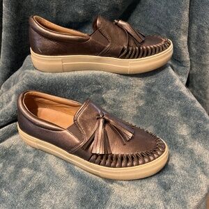 J slides gold tassel loafers